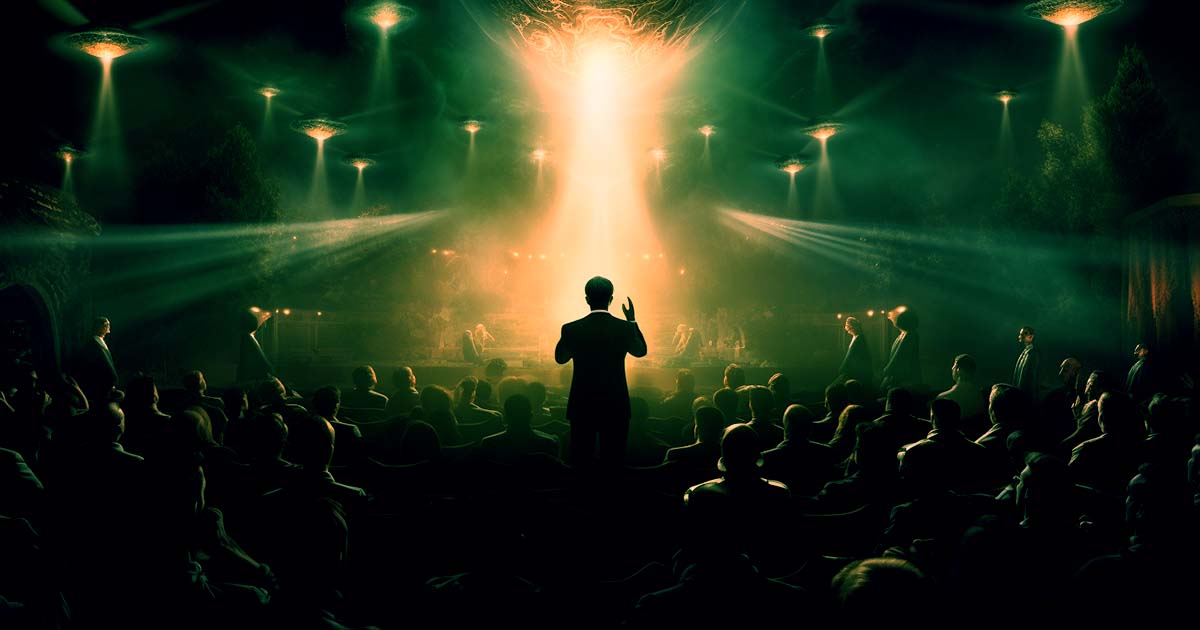 An AI-generated image of a preacher and aliens.