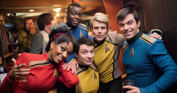 An AI-generated image of Star Trek fans at a party.