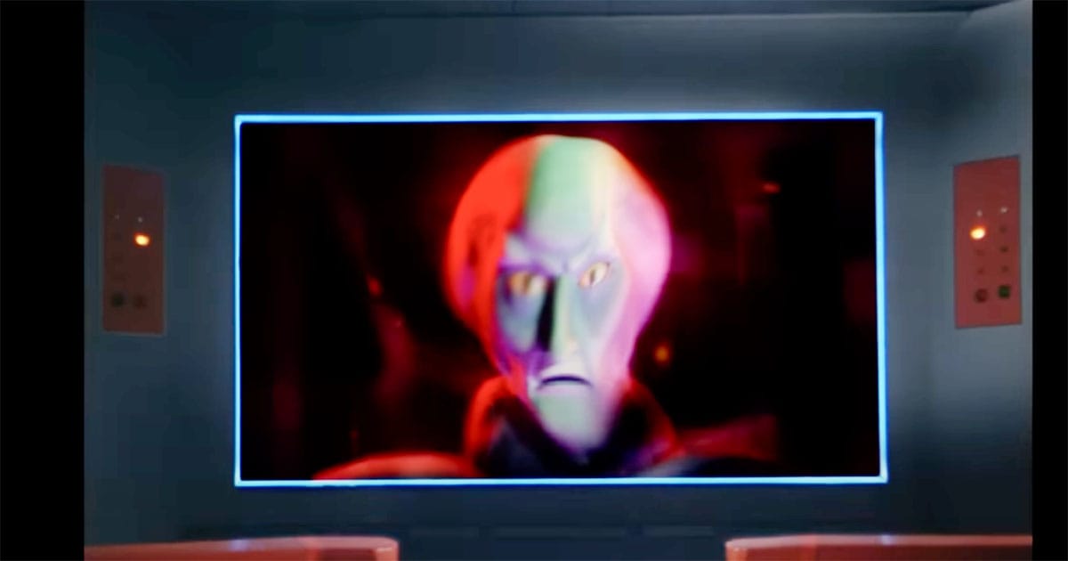 Balok’s alien image on the viewscreen during the Corbomite Maneuver scene in Star Trek.
