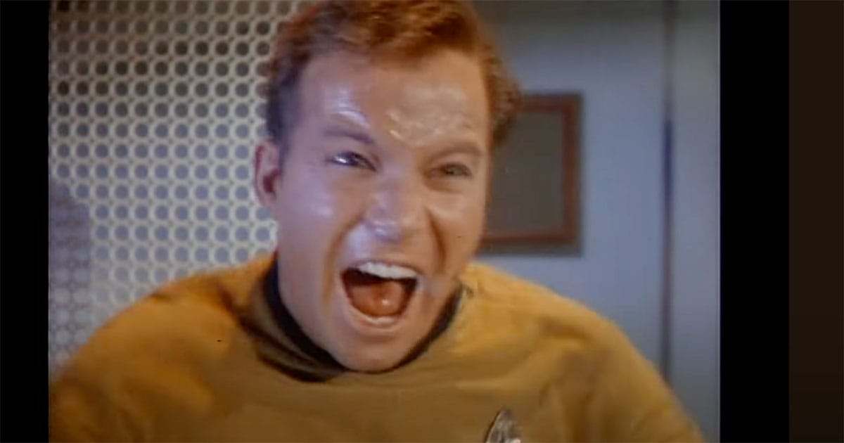 Captain Kirk in a state of rage during a scene from The Enemy Within in Star Trek.