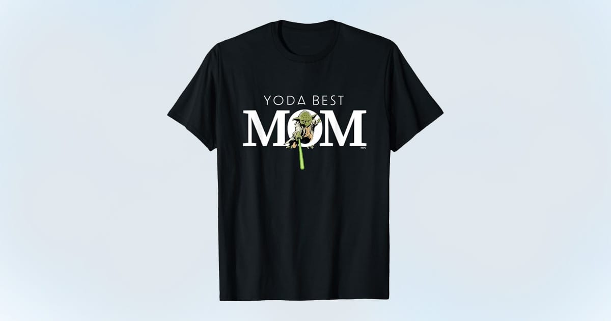 Black T-shirt with “Yoda Best Mom” text featuring Yoda holding a green lightsaber through the “O” in “Mom.”