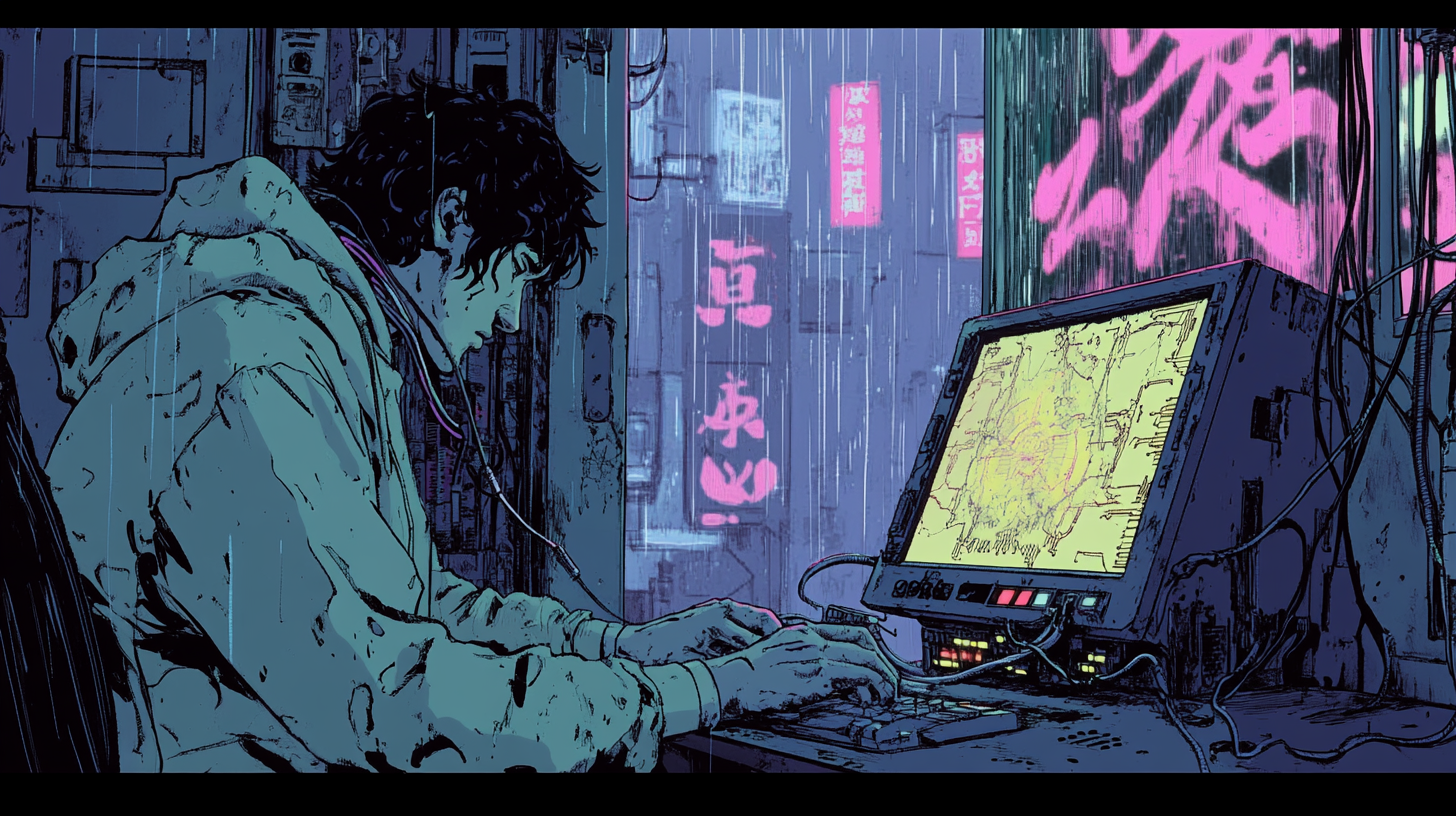 Man at terminal in rainy cyberpunk room lit by neon signs.