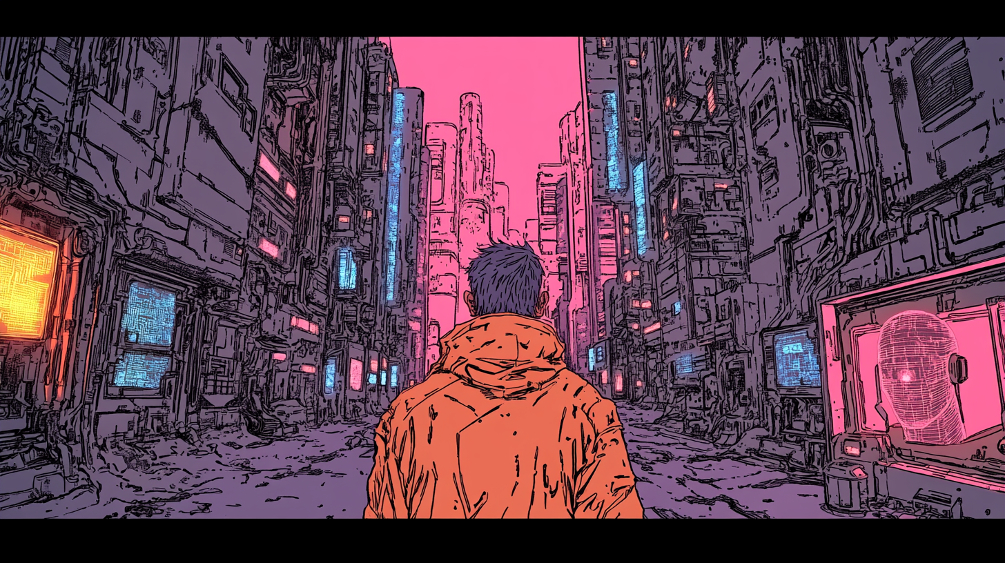 Man in orange coat walking through neon digital cityscape with AI face on screen.