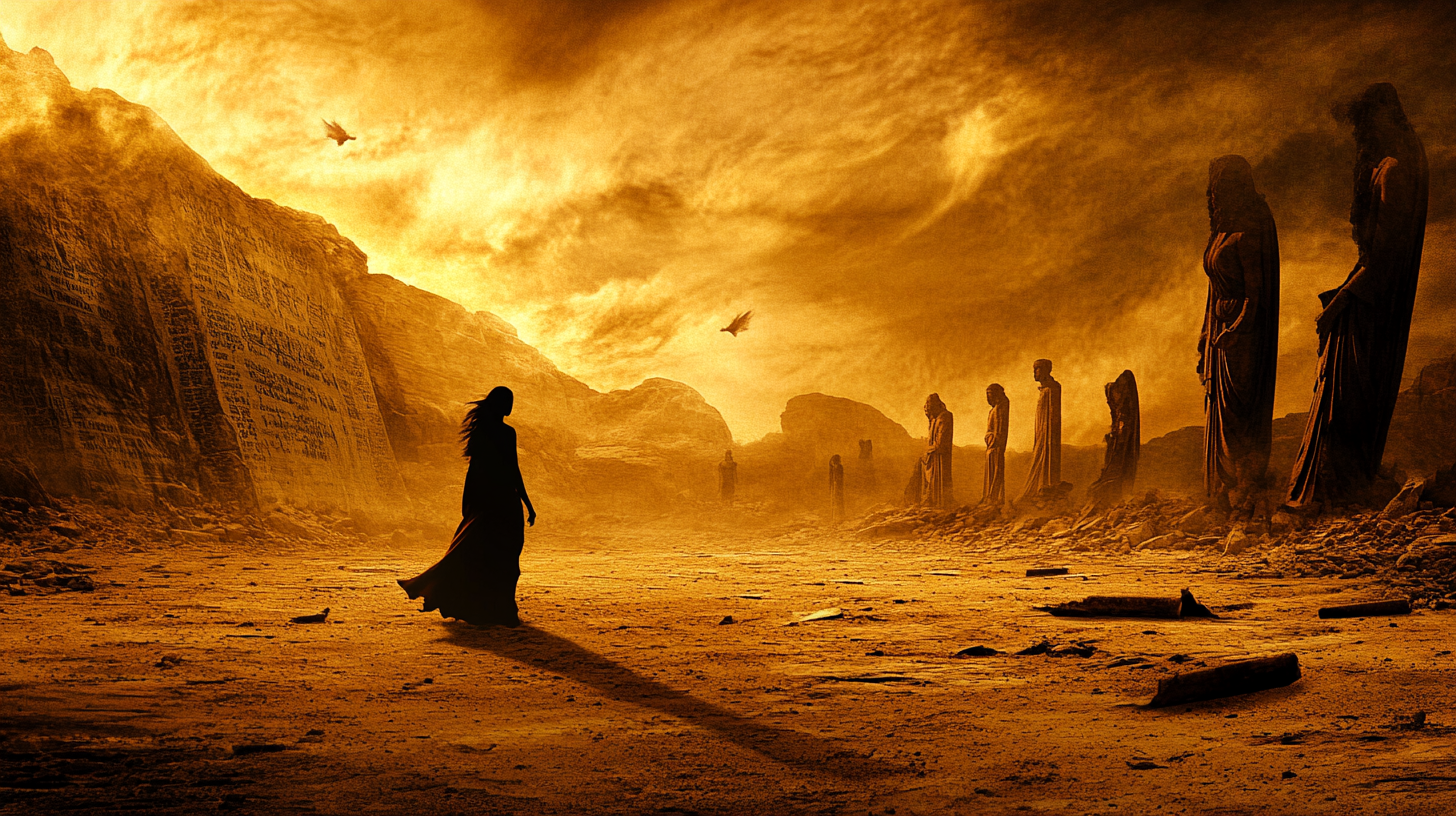 A woman in flowing robes walks through a sunlit desert ruin with towering statues and carved stone tablets, evoking themes of legacy, rebellion, and liberation from foretold destiny.
