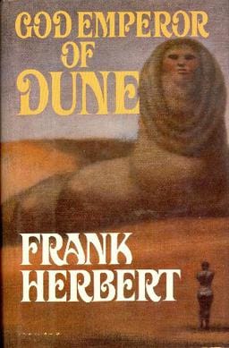 Cover of the 1981 first edition of "God Emperor of Dune" by Frank Herbert, featuring a stylized human-worm hybrid figure in a desert landscape with bold yellow and white title text.