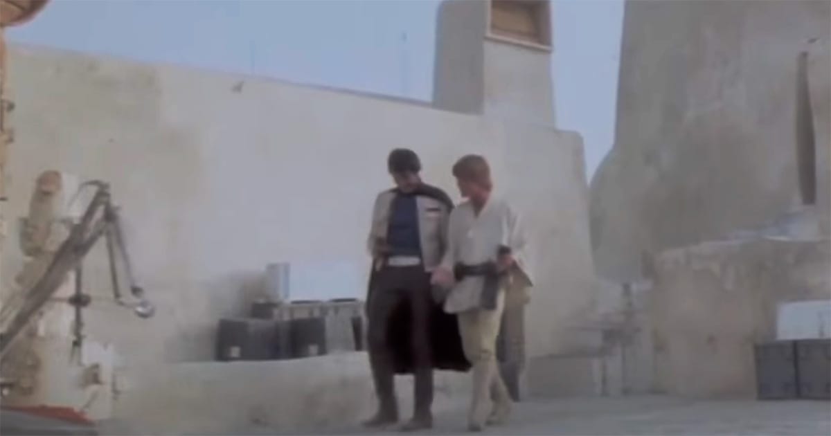 Biggs Darklighter and Luke Skywalker walking and talking in deleted Tosche Station scene from "Star Wars" (1977)
