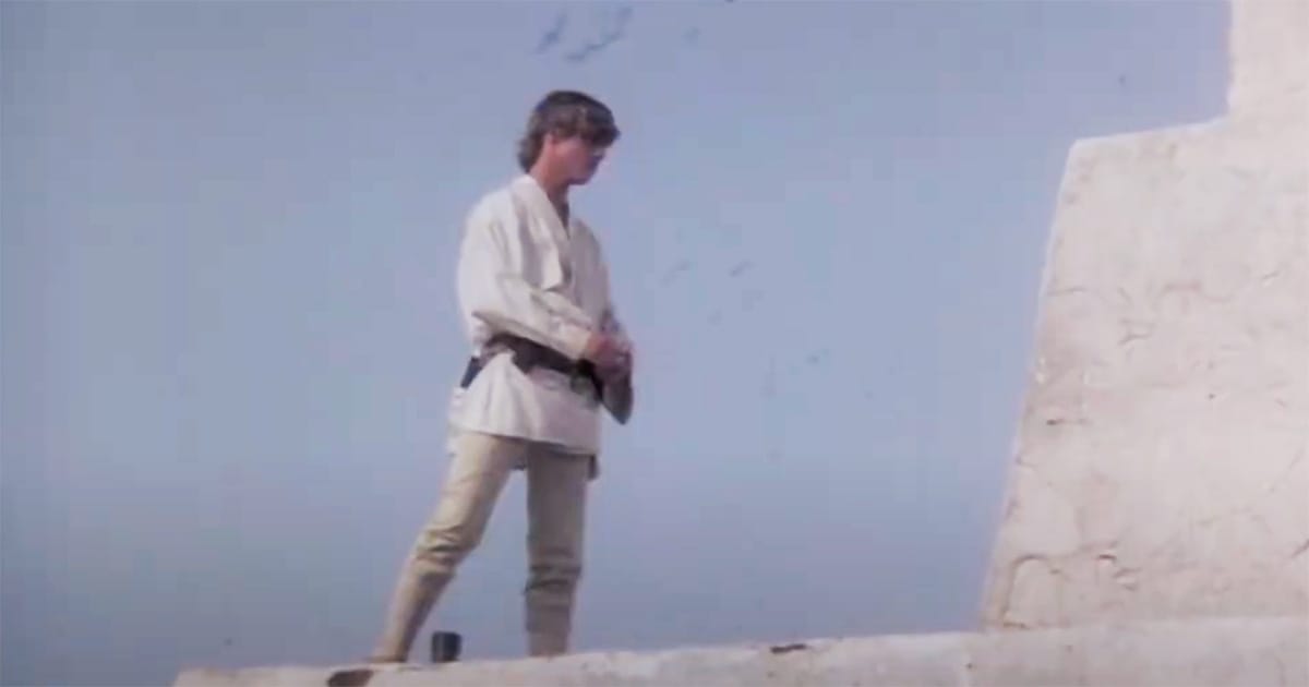 Luke Skywalker standing alone on Tatooine in deleted Tosche Station scene from "Star Wars" (1977)
