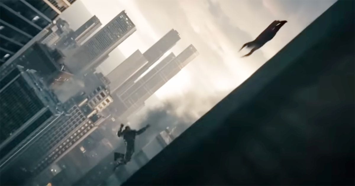 Superman and General Zod fly toward each other above a destroyed cityscape, symbolizing their violent clash of ideals in the final battle of "Man of Steel."
