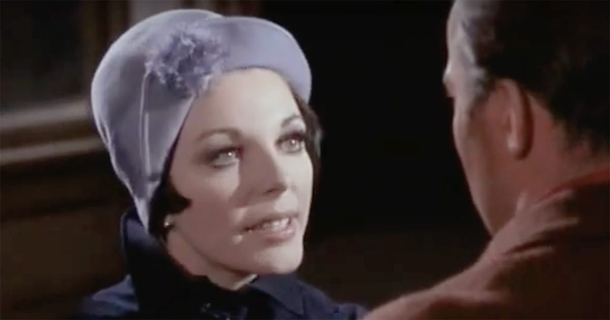 Close-up of Joan Collins as Edith Keeler speaking emotionally to William Shatner as Captain Kirk in "The City on the Edge of Forever" episode of "Star Trek"