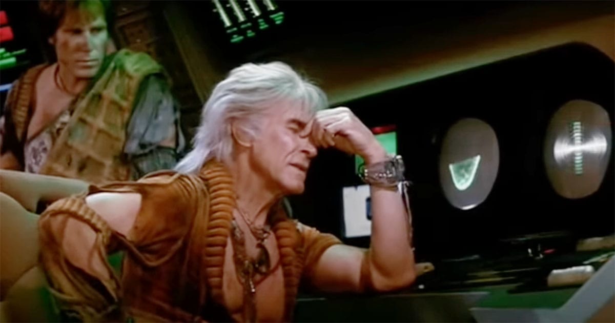 Ricardo Montalbán as Khan Noonien Singh showing visible frustration aboard a spaceship in "Star Trek II The Wrath of Khan"