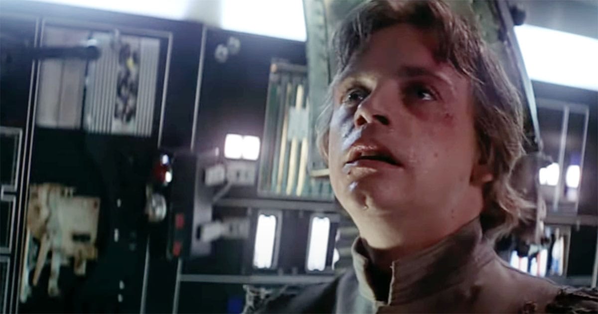 Luke Skywalker injured and reflective aboard the Millennium Falcon after dueling Darth Vader in "The Empire Strikes Back"