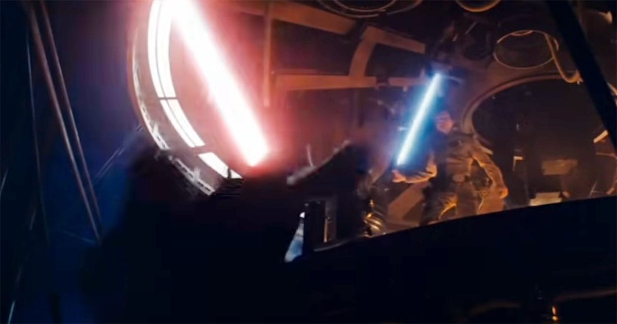 Luke Skywalker lunges at Darth Vader with his lightsaber during their duel in "The Empire Strikes Back"