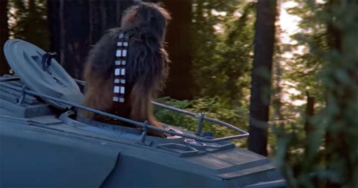 Chewbacca in command of an AT-ST walker on Endor in "Return of the Jedi" (1983)