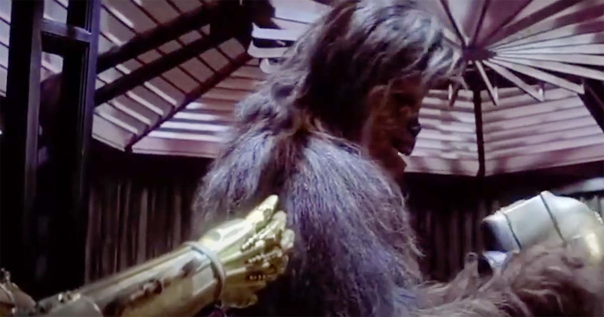 Chewbacca working on C-3PO’s damaged parts in Cloud City from "The Empire Strikes Back" (1980)