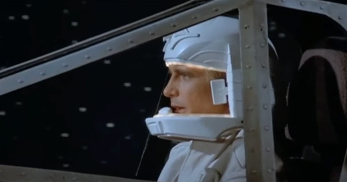 Battlestar Galactica Viper pilot in original cockpit later reused in Buck Rogers.