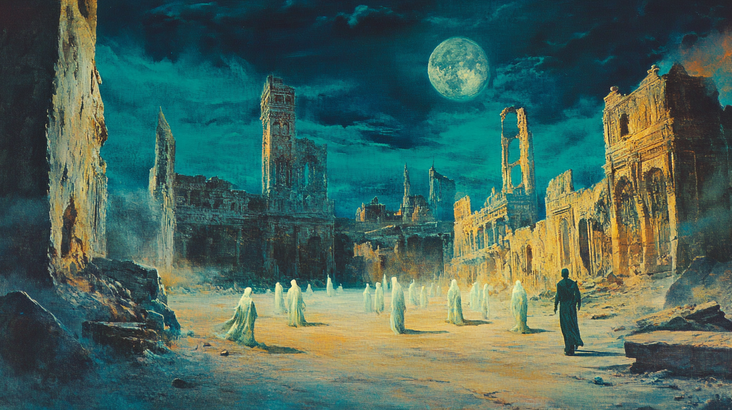 A solitary man in dark clothing walks toward ghostlike figures in a moonlit, ruined city with towering skeletal buildings and mist, symbolizing isolation and moral conviction in a transformed world.