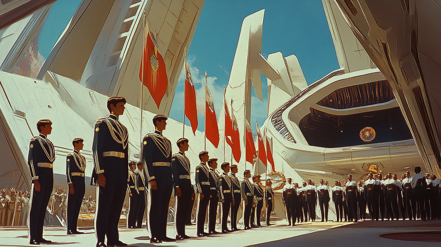 Futuristic citizenship ceremony with uniformed officers standing in formation under modern architecture and red flags.