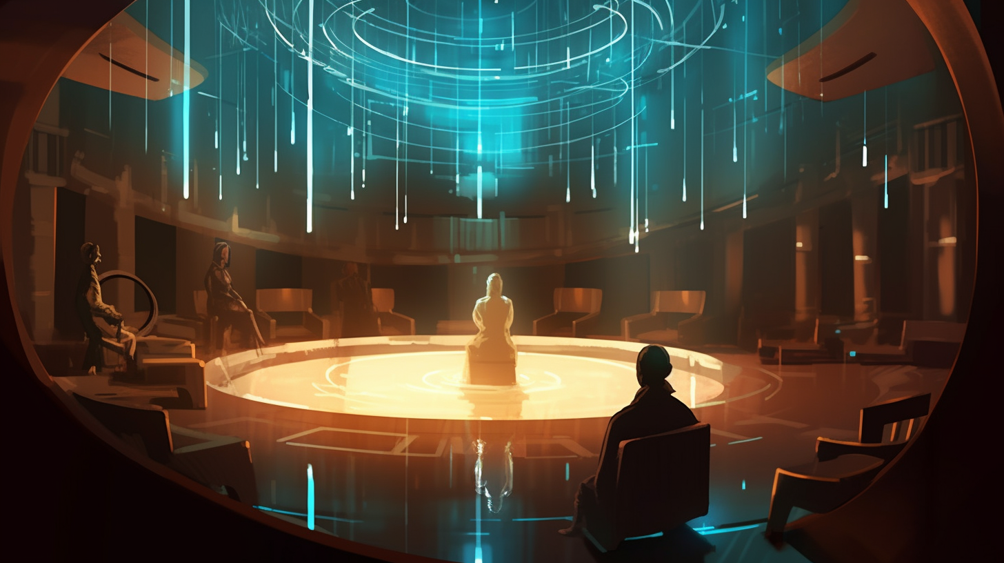 Futuristic tribunal chamber with seated figures and glowing telepathic data streams overhead, symbolizing institutionalized telepathy and mental surveillance.