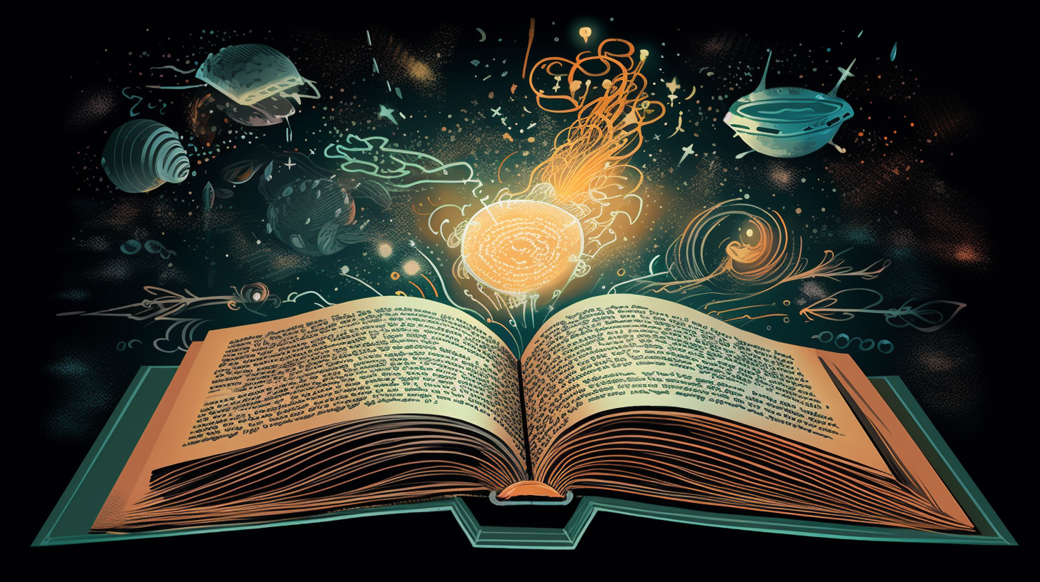 Illustration of an open book releasing abstract cosmic elements and glowing symbols, representing telepathic thought and psychological depth in science fiction.