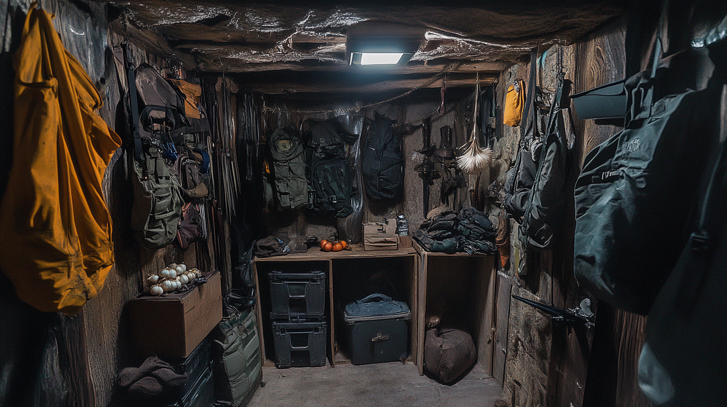 Interior of a survival bunker with tactical gear, weapons, garlic, and supplies neatly organized along wooden walls, lit by a single overhead lamp—symbolizing order and discipline in isolation.