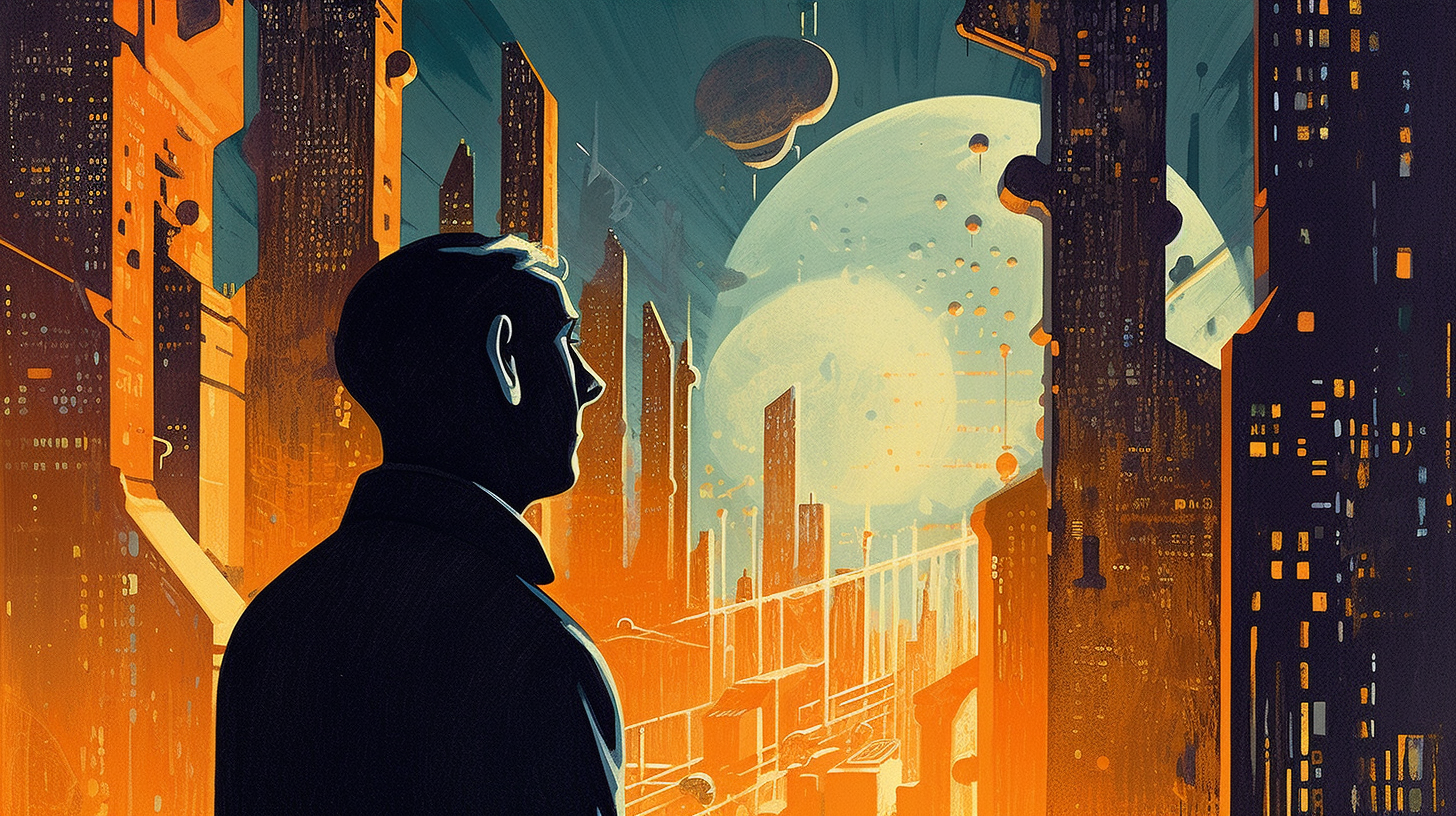 Silhouette of a man gazing over a retro-futuristic cityscape with giant planets and orange-lit skyscrapers in mid-century sci-fi style.