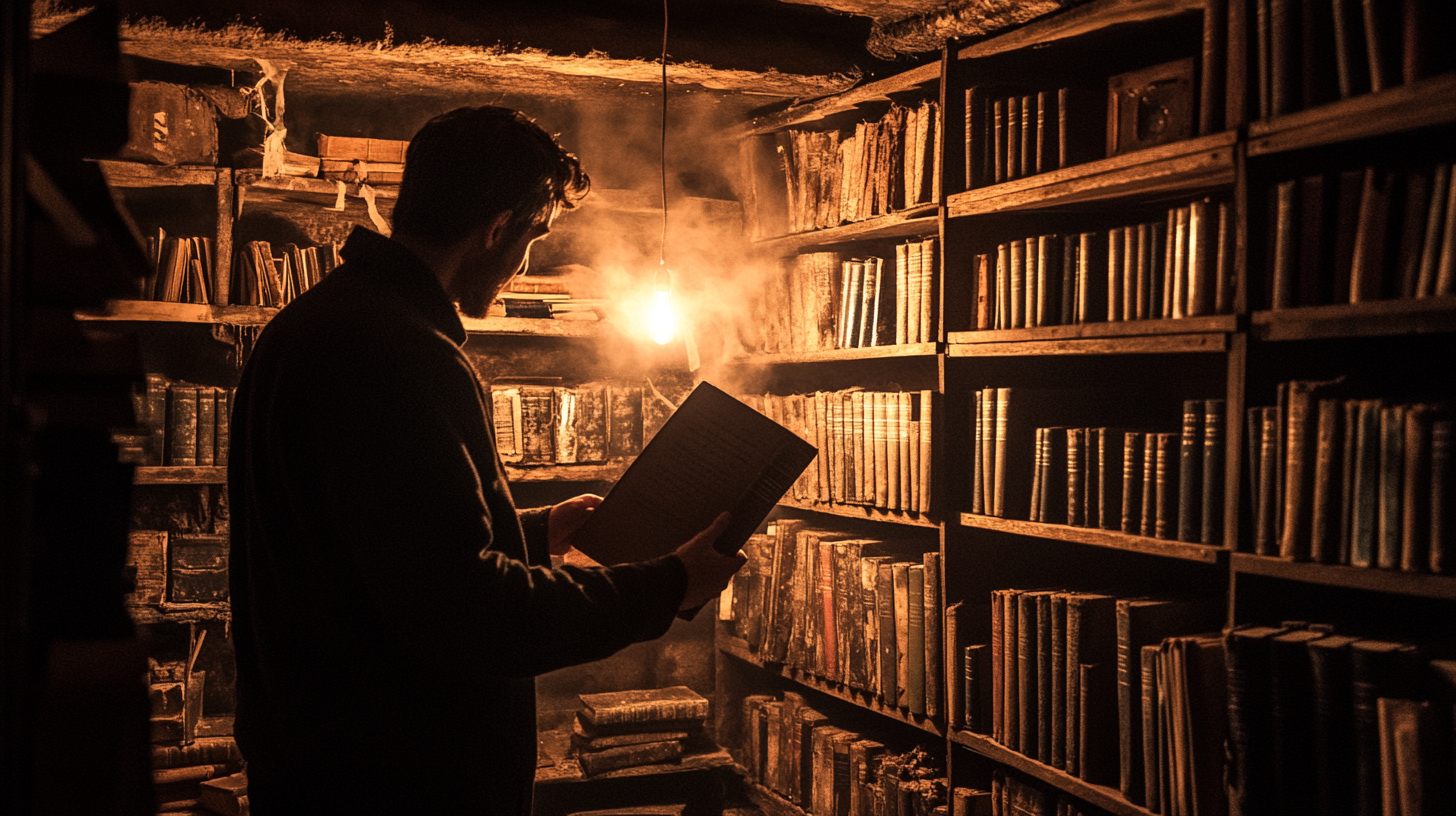 A man reads in a hidden underground library filled with dust-covered books and lit by a single bulb, symbolizing secret knowledge and the quiet defiance of remembering.