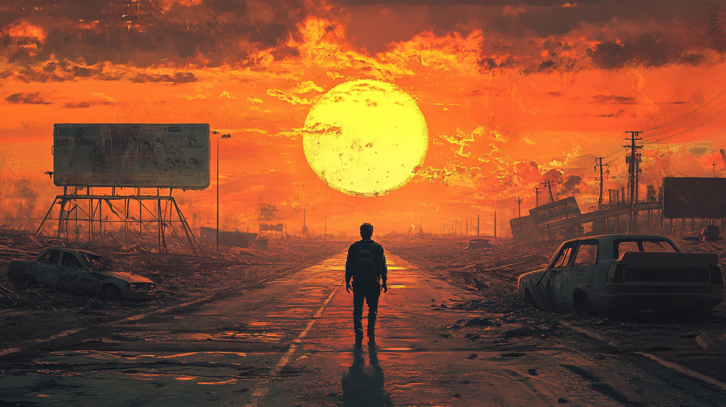 A lone man walks down a desolate highway lined with wrecked cars and collapsed billboards, facing a massive sun on the horizon, symbolizing steadfast duty in a broken world.