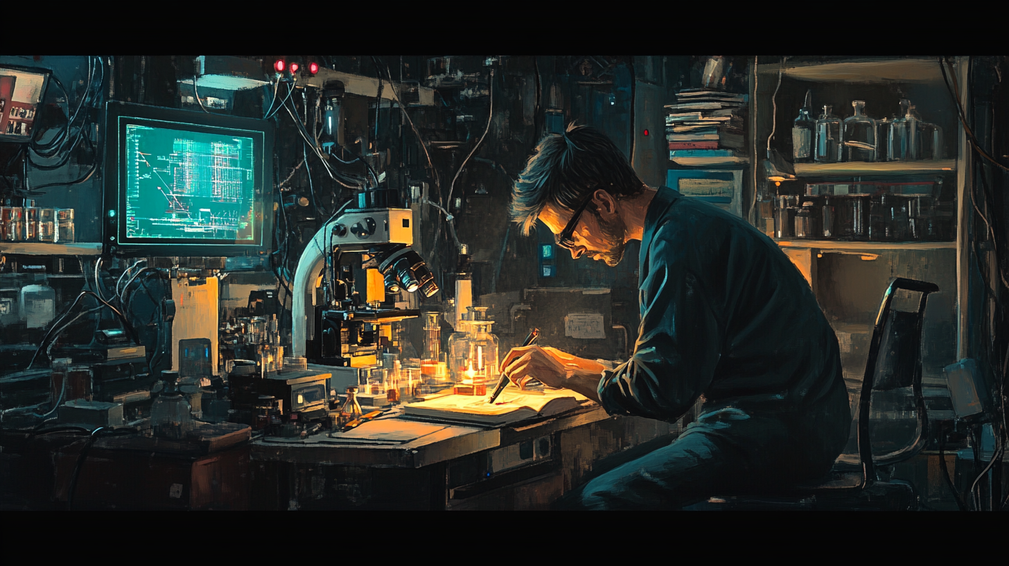 A man in a dark room studies notes under the glow of a microscope, surrounded by scientific instruments, vials, and old books in a makeshift lab filled with wires and quiet intensity.