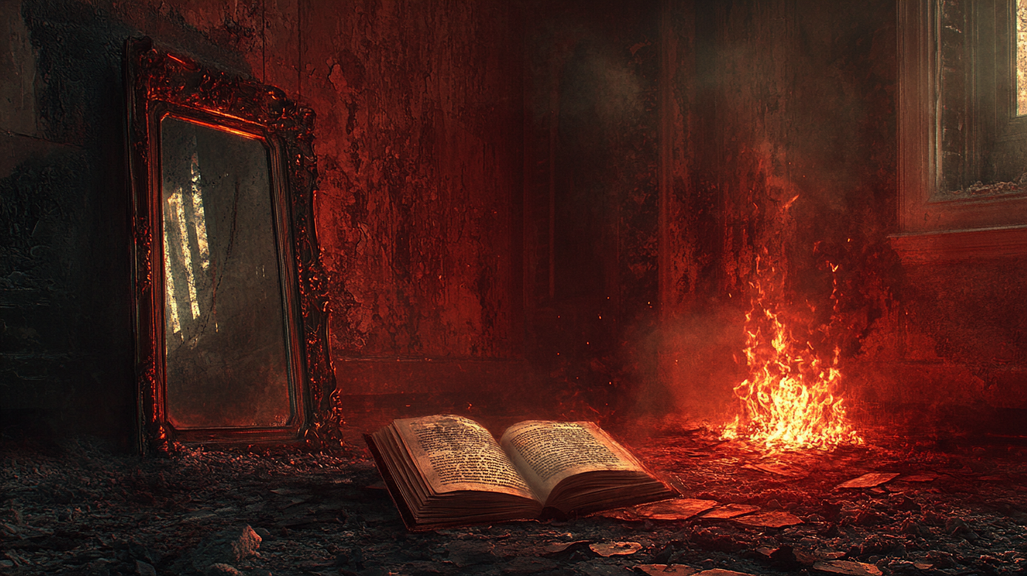 An open book rests in scorched ash beside a blazing wall and a tarnished mirror, evoking the persistence of memory and the fragility of truth in a forgotten world.