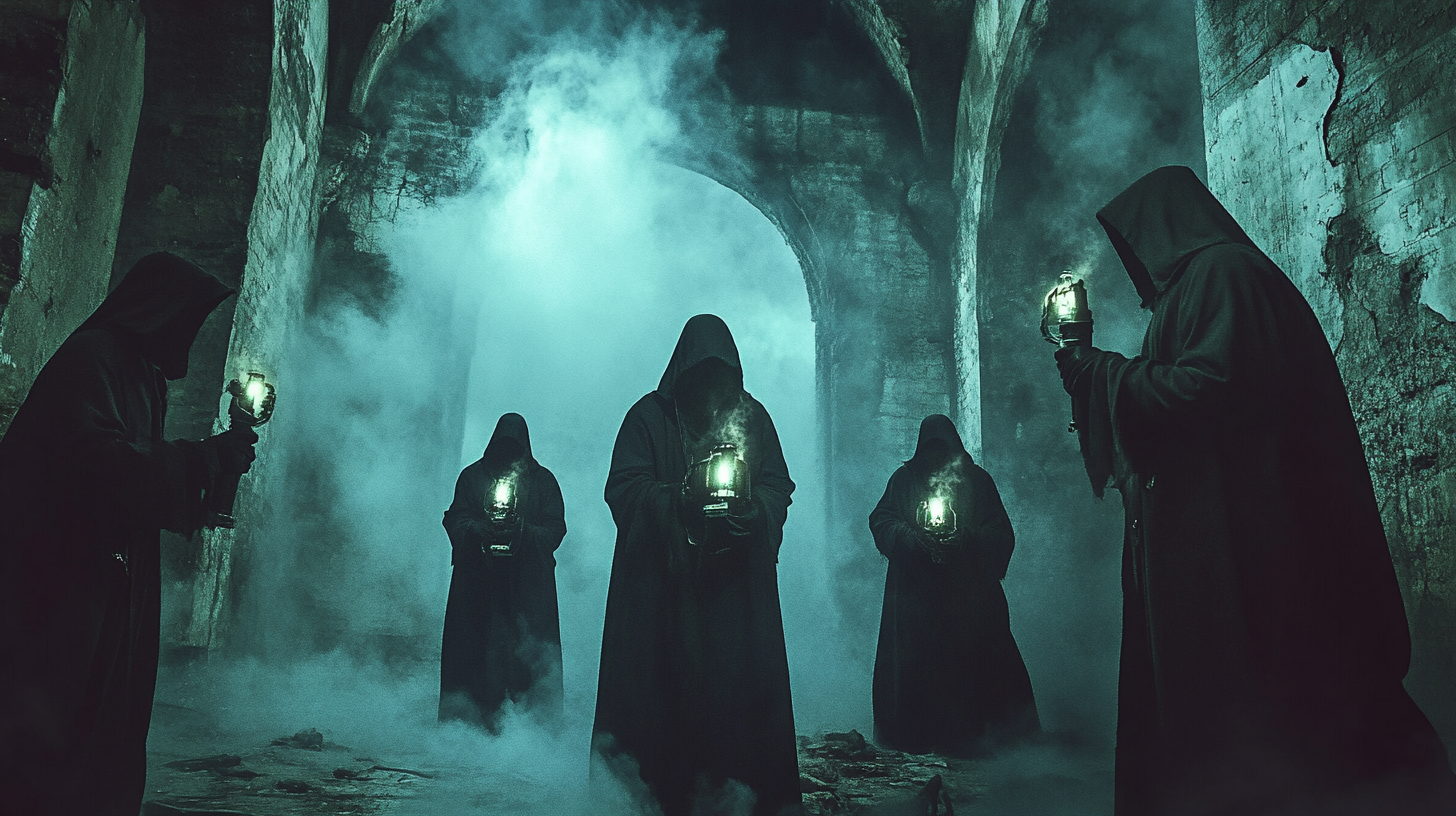 Robe-clad priests activating mysterious machines with beams of light, illustrating false miracles in "Gather, Darkness!"