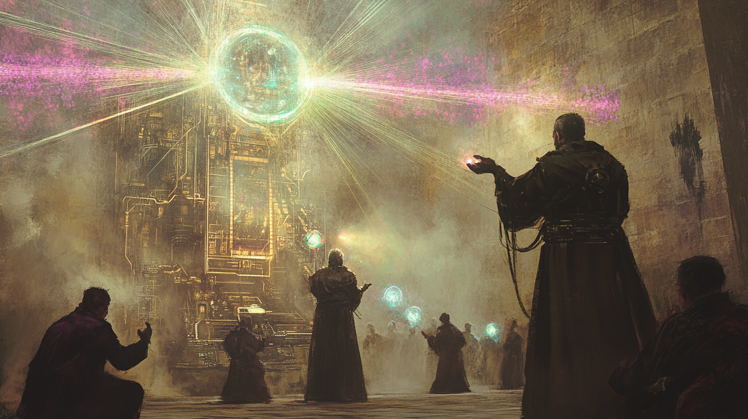 Hooded figures holding glowing orbs in a ruined, smoky chamber, representing the witch-like rebels in "Gather, Darkness!"