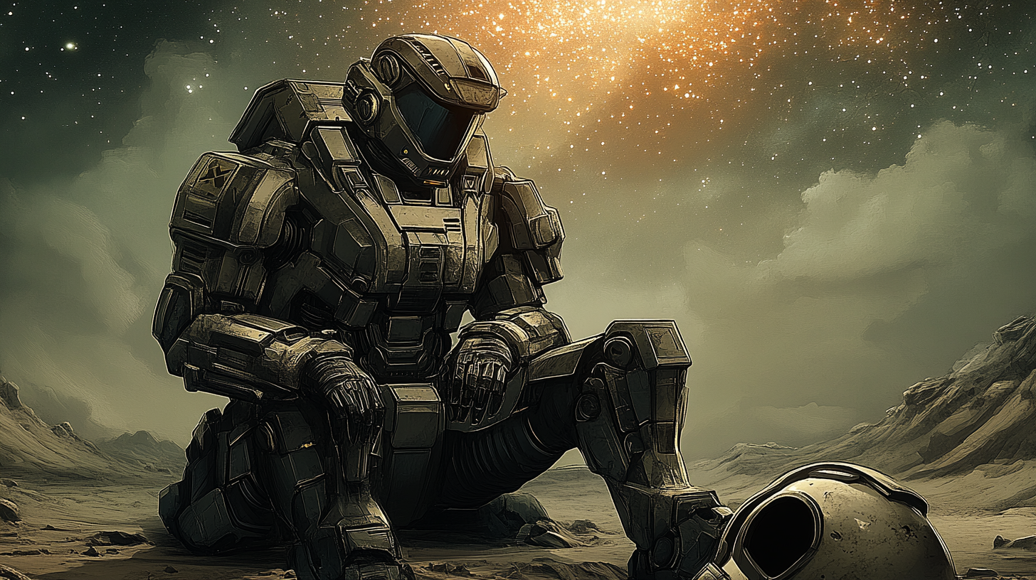 Futuristic armored soldier kneeling on a barren alien landscape beside a helmet under a starry sky