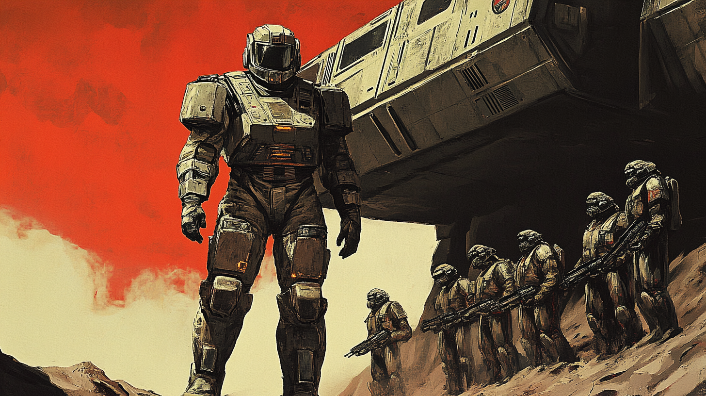 Armored futuristic soldier walking from a spacecraft with squadmates lined up behind him under a red sky on an alien world.