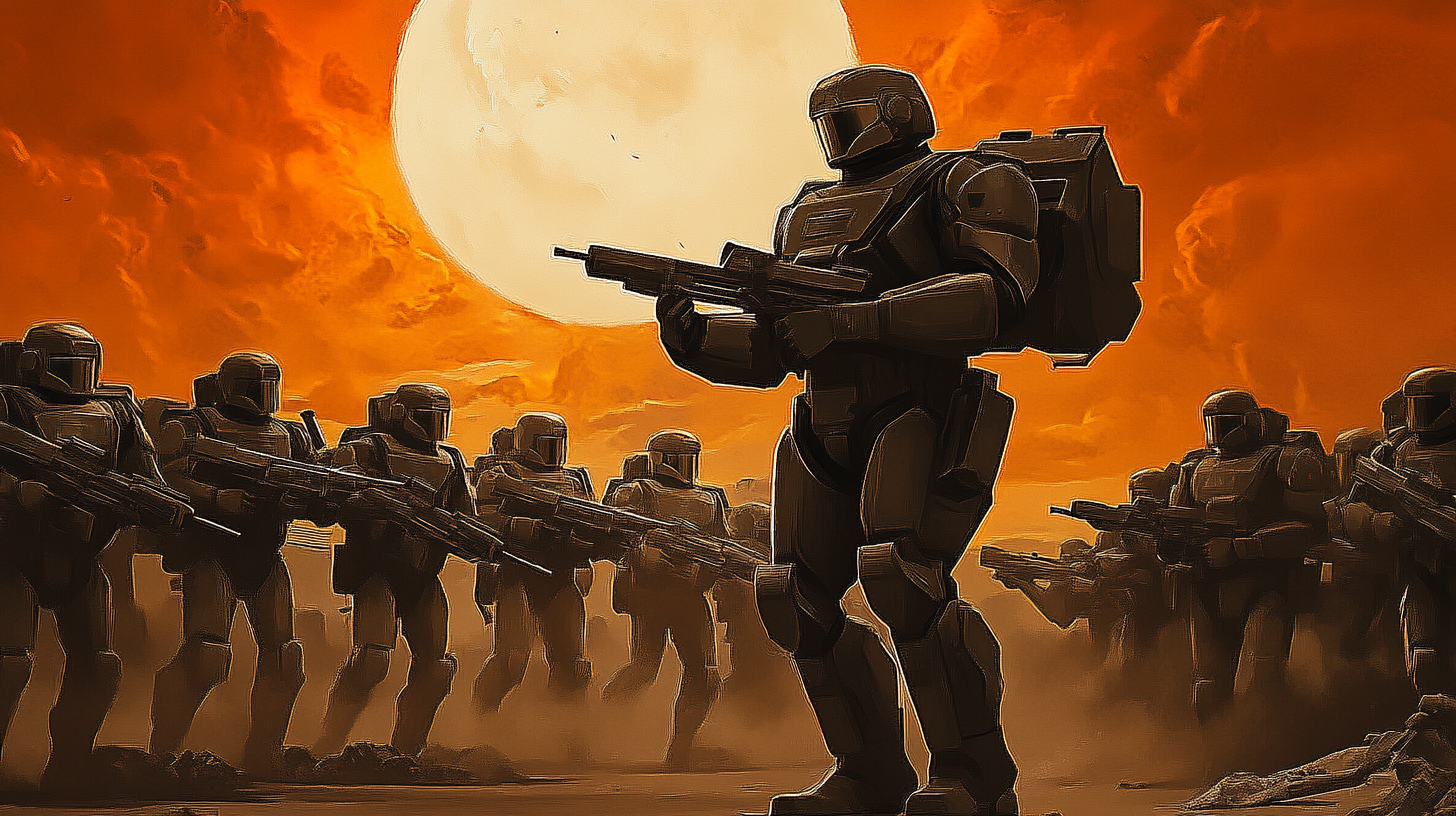 Futuristic armored soldiers standing in formation with rifles under an orange sky and large sun on an alien battlefield.