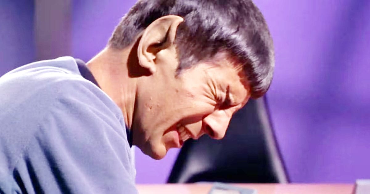 A screen capture showing a grieving Mr. Spock.