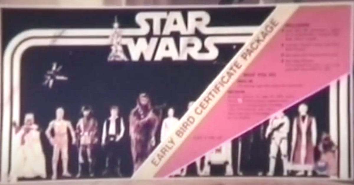 Vintage Star Wars Early Bird Certificate Package box showing character images and promotional text, part of the 1977 mail-away campaign.