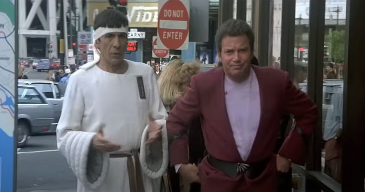 Kirk and Spock walking through downtown San Francisco in Star Trek IV The Voyage Home, reflecting the film’s humor and broad appeal.