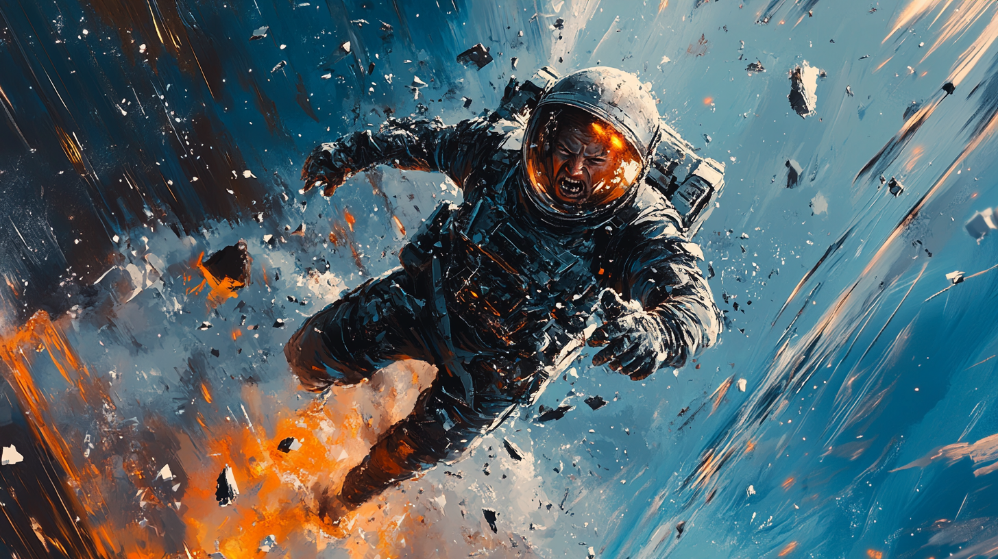 Determined man in damaged space suit with clenched fists launching through debris and fiery wreckage in space, symbolizing strength and the drive for justice