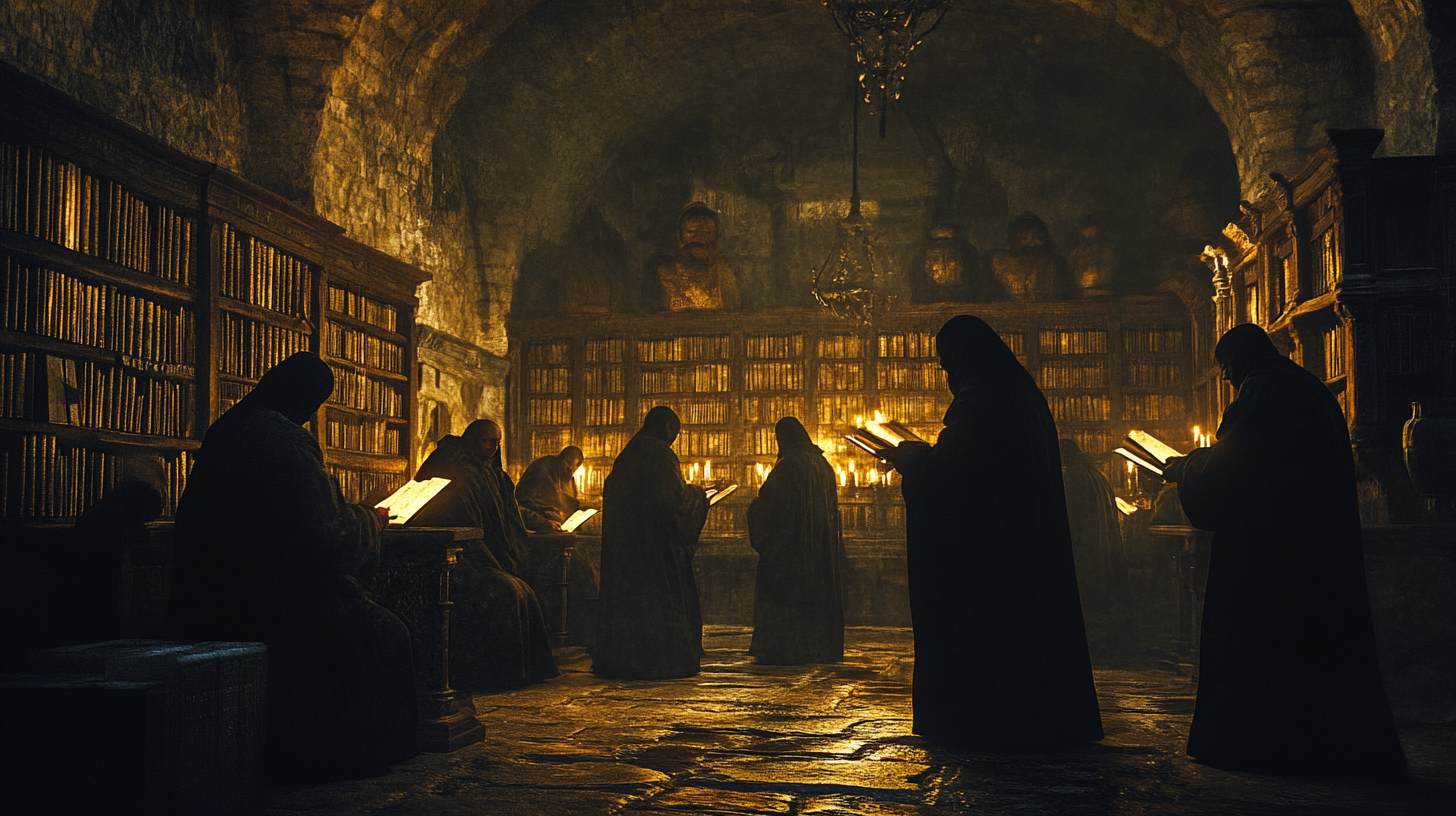 Monks in dark robes copy ancient texts by candlelight inside a stone-walled library, surrounded by shelves of old manuscripts and relics.