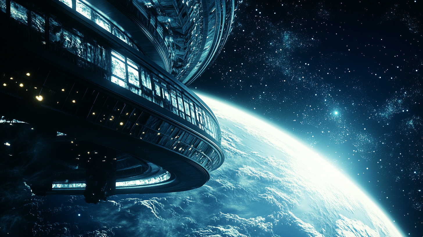 Large orbital space station illuminated in soft blue light, hovering above a vast alien planet with stars in the background, evoking solitude and philosophical reflection.