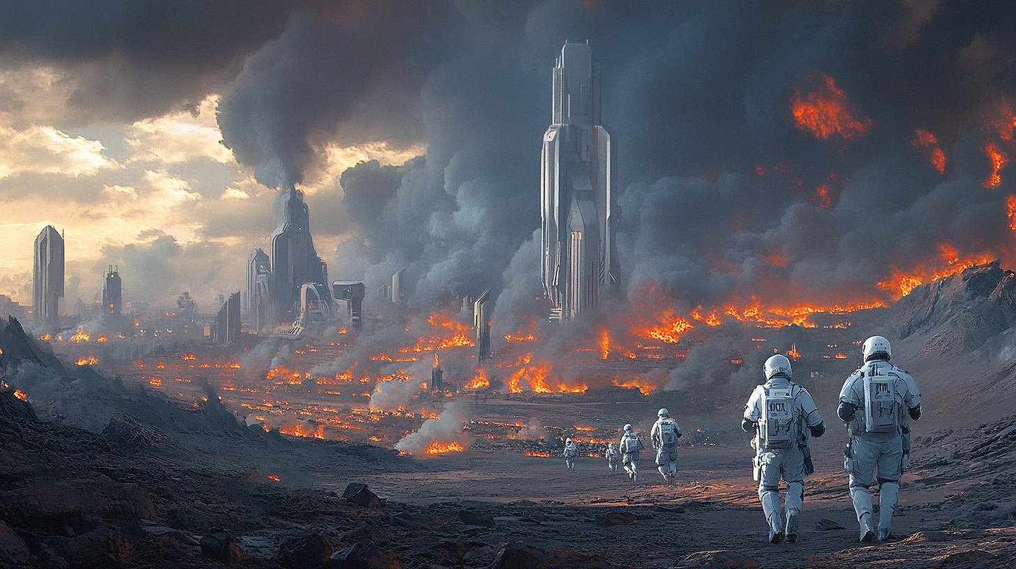 Futuristic soldiers approach a burning alien city with massive towers in flames and smoke rising into a stormy sky.