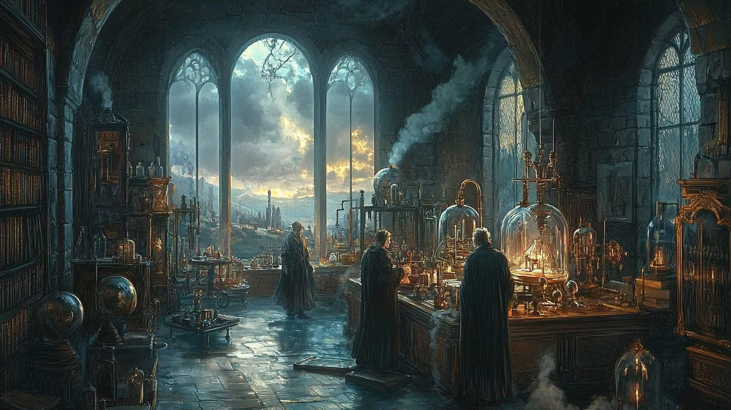 Monks or scholars experiment with glowing machines in a gothic laboratory as storm clouds gather beyond arched windows, symbolizing the dangerous return of lost technology.