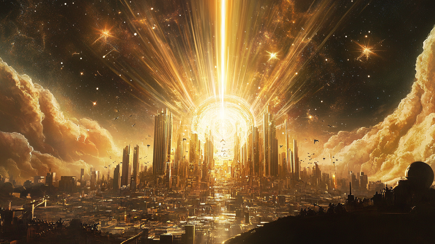 Golden celestial beam descending into a futuristic city beneath a star-filled sky, symbolizing transcendence and cosmic awakening.