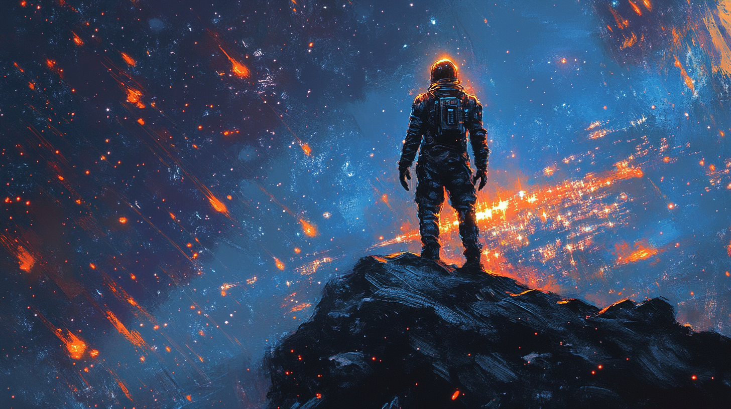 Heroic man in worn space suit standing on rocky peak overlooking distant glowing cities and starfield, symbolizing strength, legacy, and hope forged through adversity.