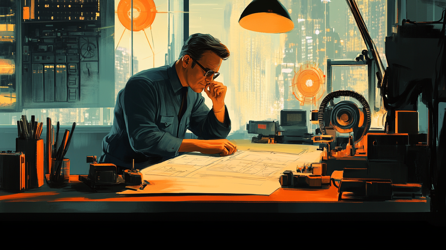 Mid-century style illustration of Dan Davis working at a drafting table covered in blueprints and tools, with futuristic city lights in the background, reflecting ingenuity and determination in "The Door into Summer."