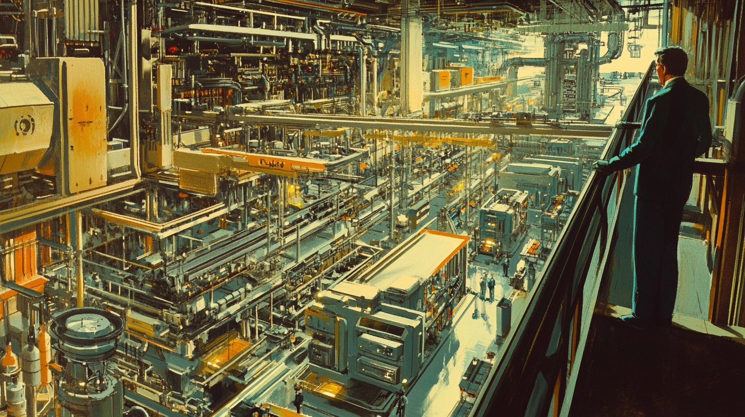 Mid-century style illustration of Dan Davis overlooking a large, futuristic factory floor filled with machinery and robots, symbolizing invention and technological progress in "The Door into Summer."