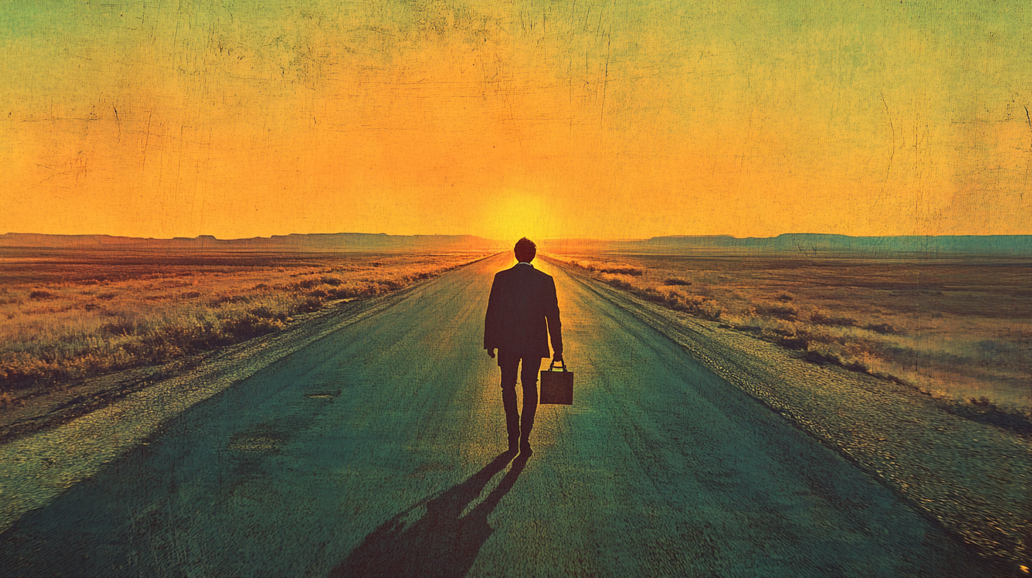 Mid-century style illustration of Dan Davis walking alone down an empty road at sunrise, carrying a toolbox, symbolizing resilience and the quest for a better future in "The Door into Summer."