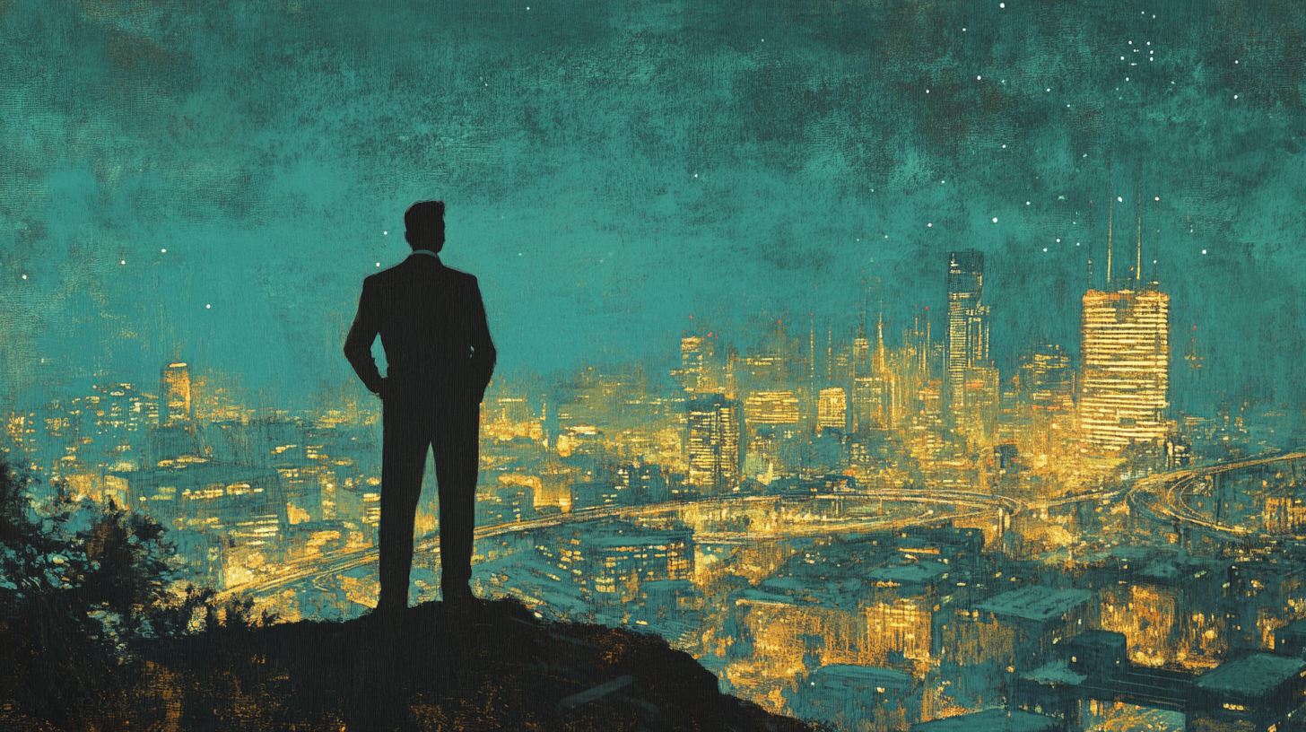 Mid-century style illustration of Dan Davis standing on a hilltop at night, overlooking a glowing futuristic city, symbolizing legacy, accomplishment, and hope in "The Door into Summer."