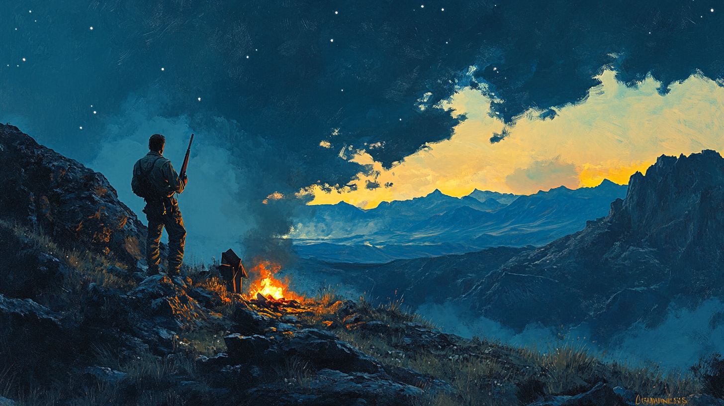 A rugged man stands near a glowing campfire on a mountain ridge at dusk, looking over a vast alien landscape under a starlit sky, painterly brush style with deep blues and golden light.