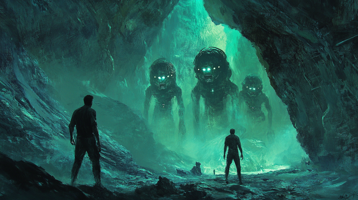Two identical men stand in a glowing alien cave facing towering humanoid figures with luminous eyes, painterly green-blue palette and eerie mood.